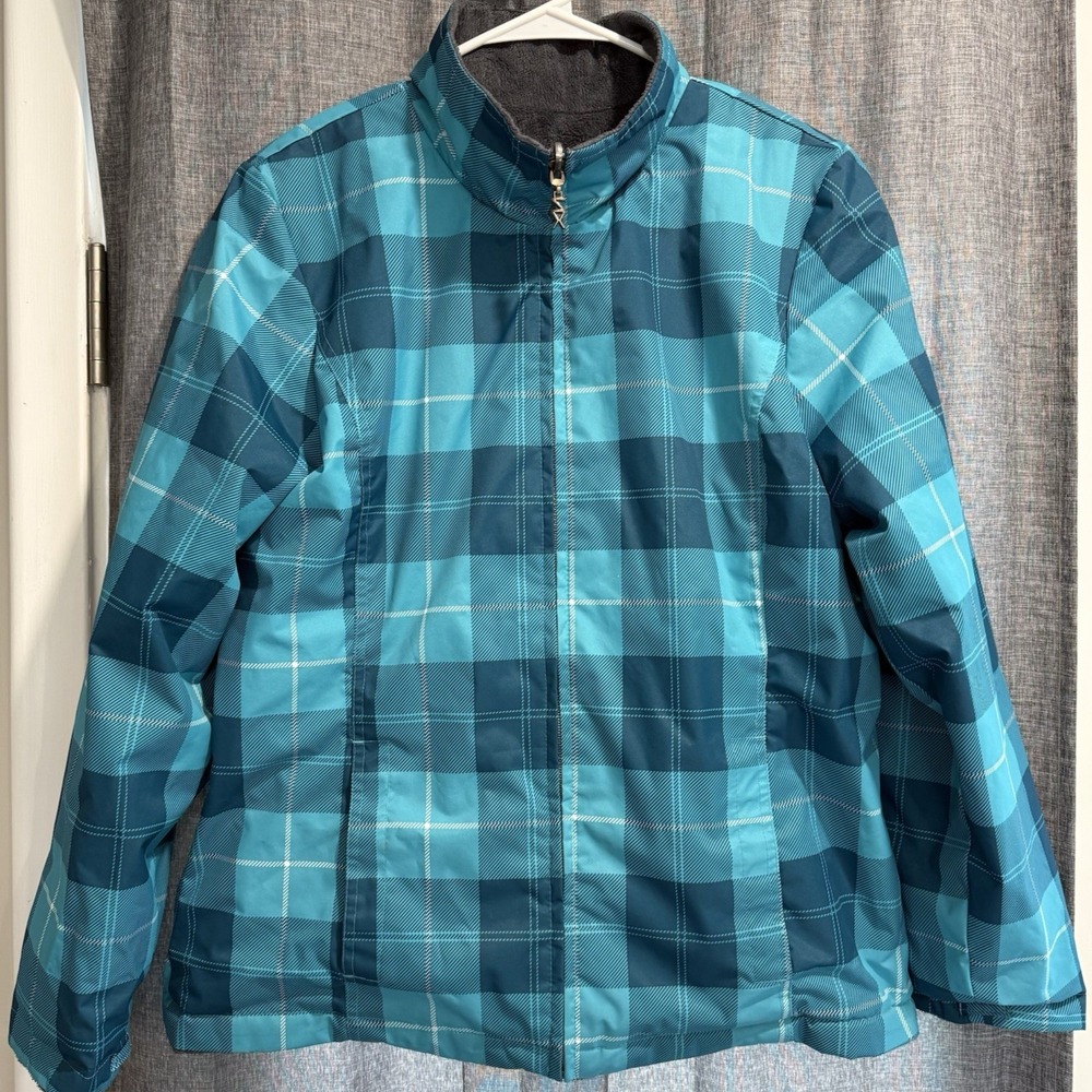 ZeroXposur Reversible Jacket womens Sz M Blue Plaid Ski Zip Grey Fleece Pockets